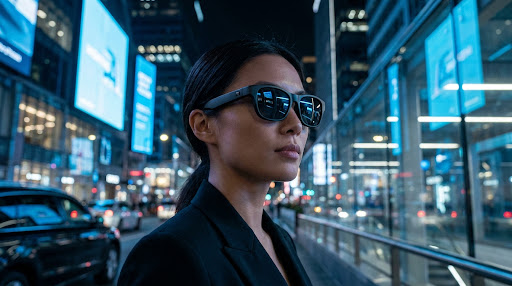 Person wearing sleek smart glasses in a futuristic urban environment